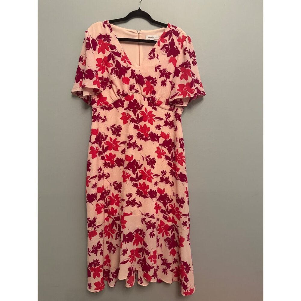 Liz Claiborne Floral Midi Trumpet Dress 14 Pink V Neck Ruffle Flutter Sleeve